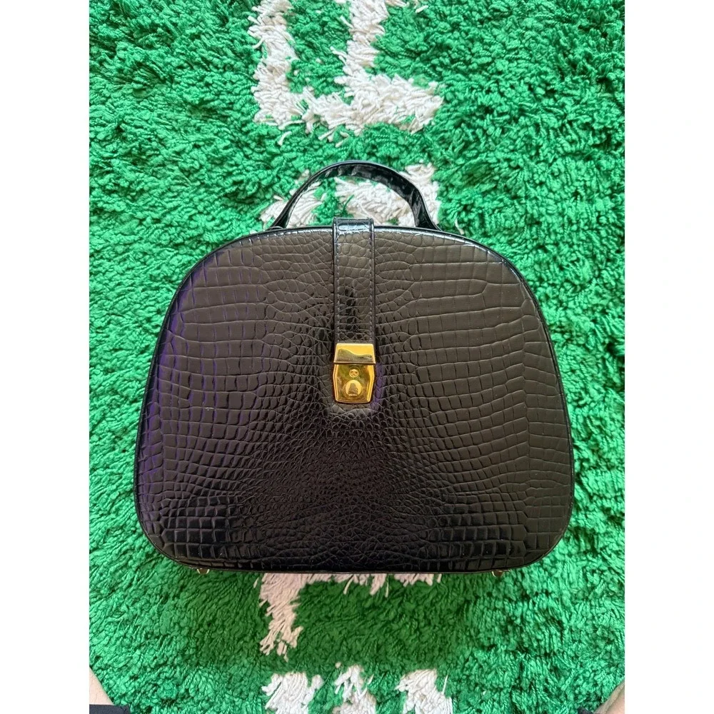 Unbranded Vanity Case Women Medium‎ Black Fair Croc Embossed Retro Train Bag